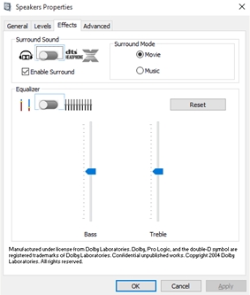 Windows Speaker Properties Effect Tab